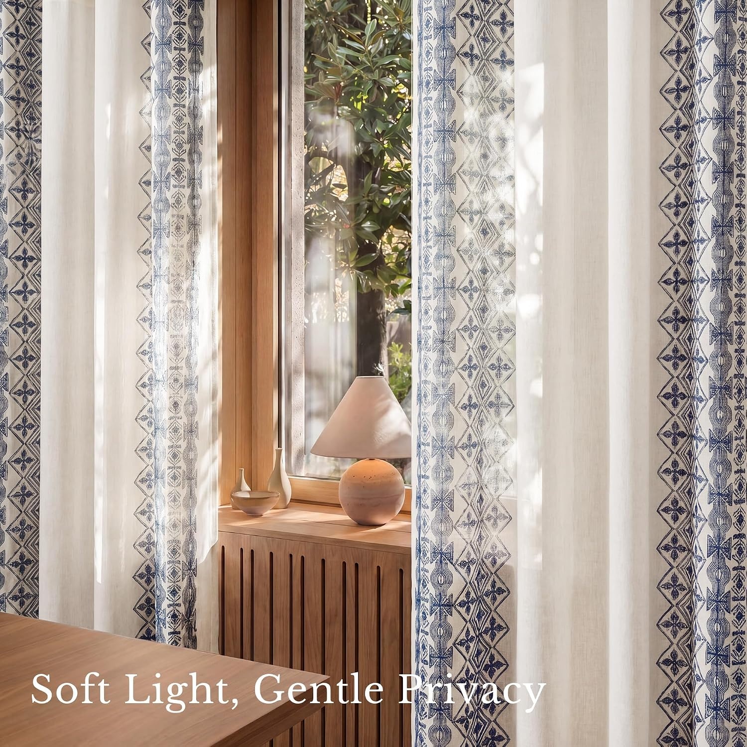 image:imageNICETOWN Embroidered Linen Curtains Ivory and White W52 x L84Nordic Geo Embroidery Navy Blue