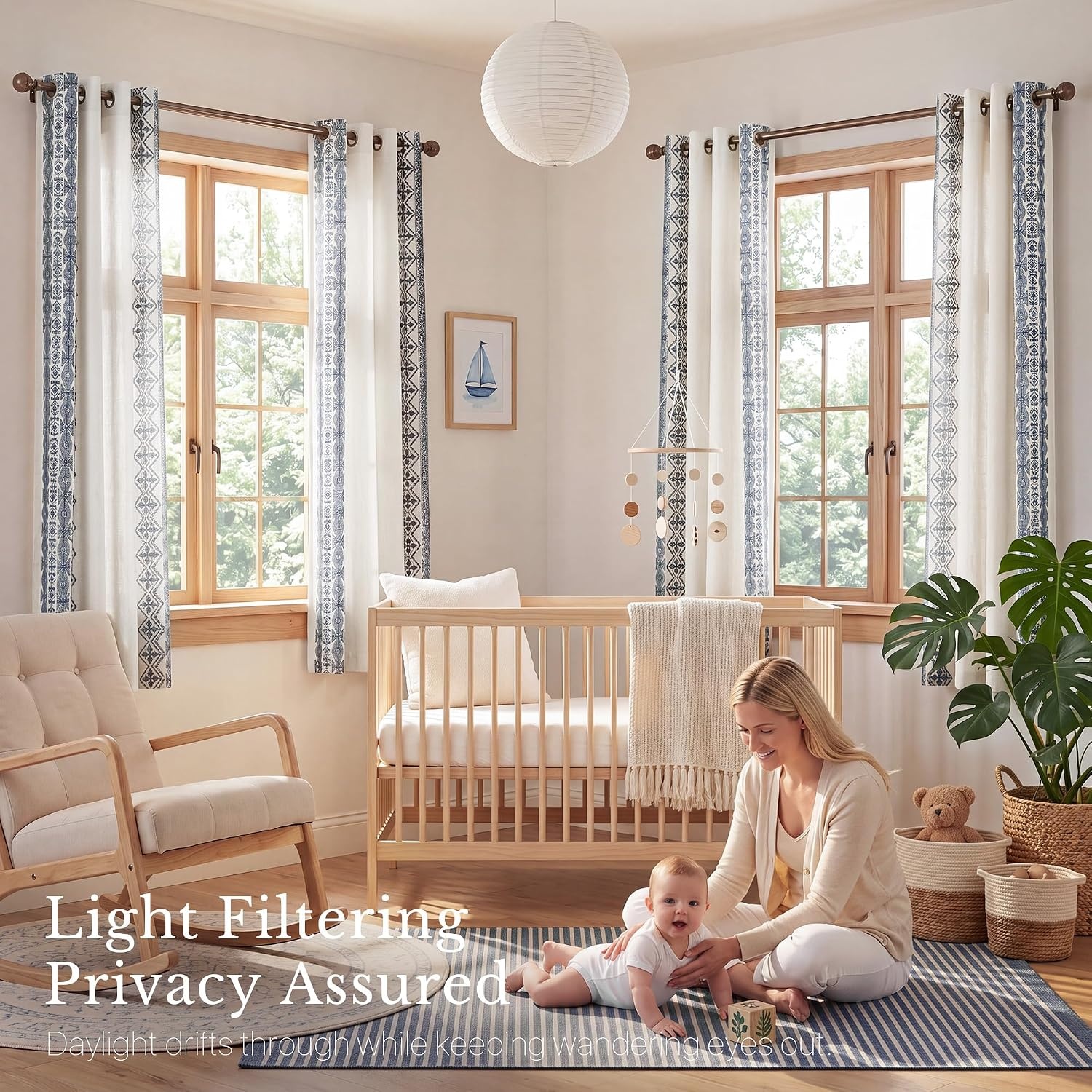 image:imageNICETOWN Embroidered Linen Curtains Ivory and White W52 x L84Nordic Geo Embroidery Navy Blue