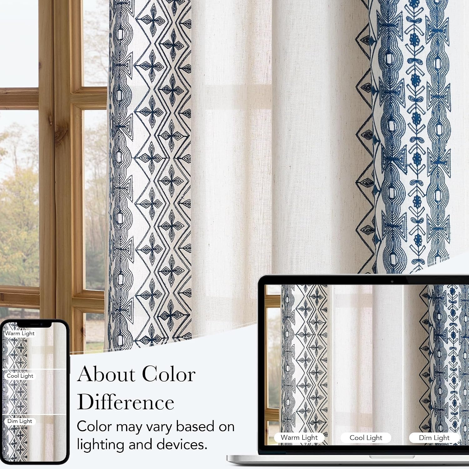 image:imageNICETOWN Embroidered Linen Curtains Ivory and White W52 x L84Nordic Geo Embroidery Navy Blue
