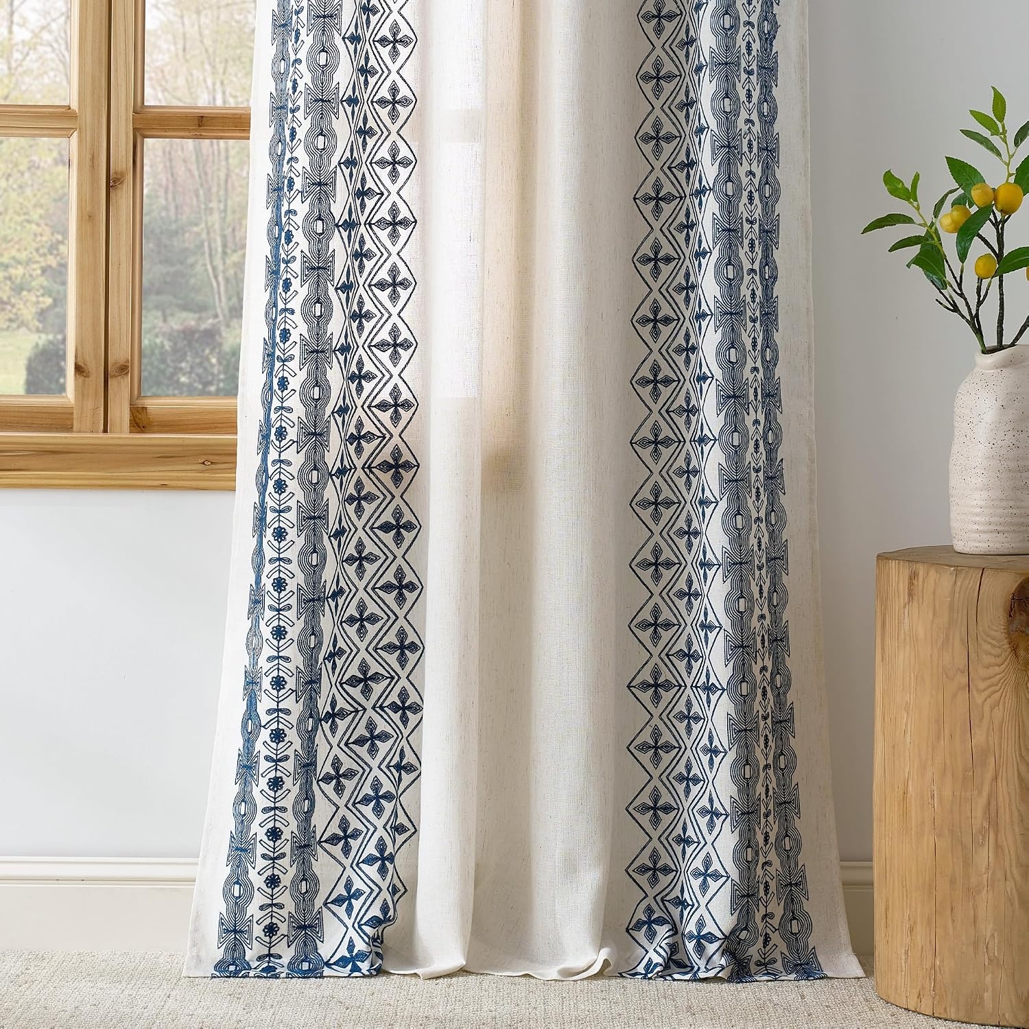 image:imageNICETOWN Embroidered Linen Curtains Ivory and White W52 x L84Nordic Geo Embroidery Navy Blue