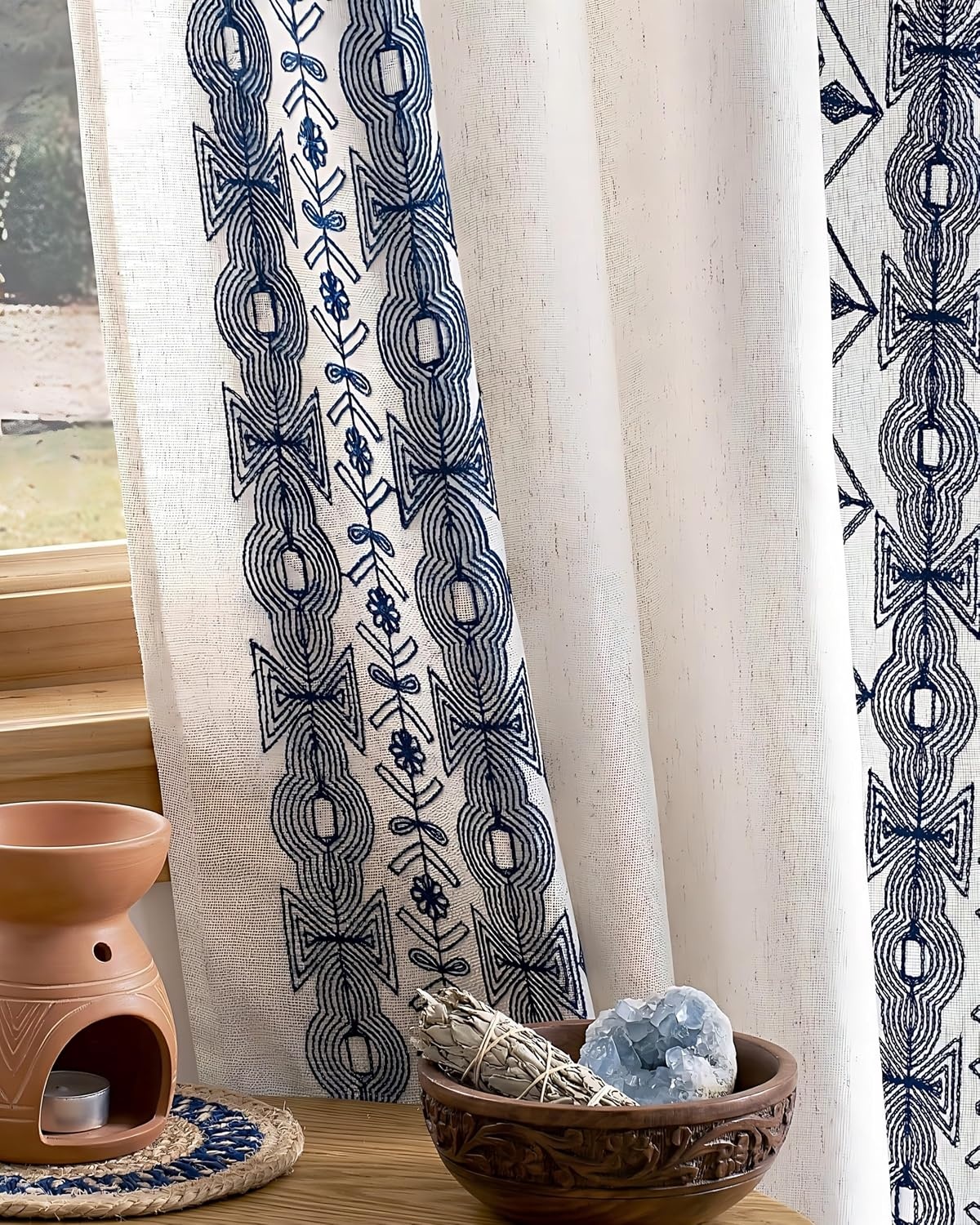 image:imageNICETOWN Embroidered Linen Curtains Ivory and White W52 x L84Nordic Geo Embroidery Navy Blue