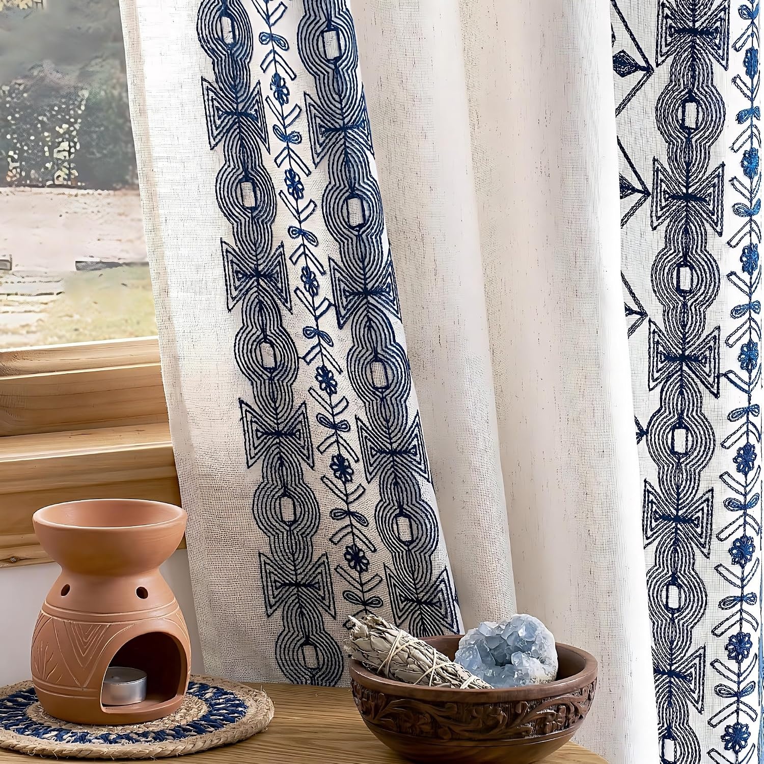 image:imageNICETOWN Embroidered Linen Curtains Ivory and White W52 x L84Nordic Geo Embroidery Navy Blue