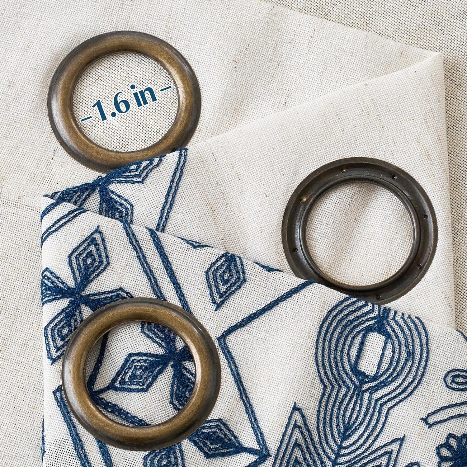 image:imageNICETOWN Embroidered Linen Curtains Ivory and White W52 x L84Nordic Geo Embroidery Navy Blue