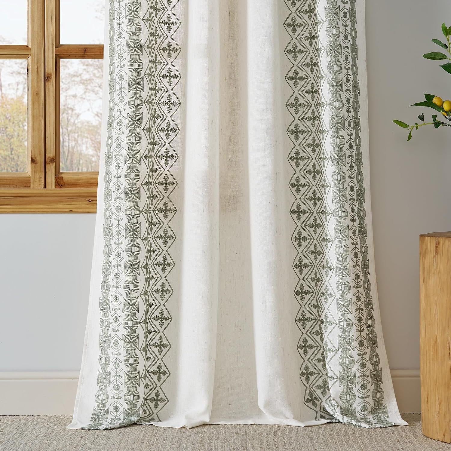 image:imageNICETOWN Embroidered Linen Curtains Ivory and White W52 x L84Nordic Geo Embroidery Sage Green