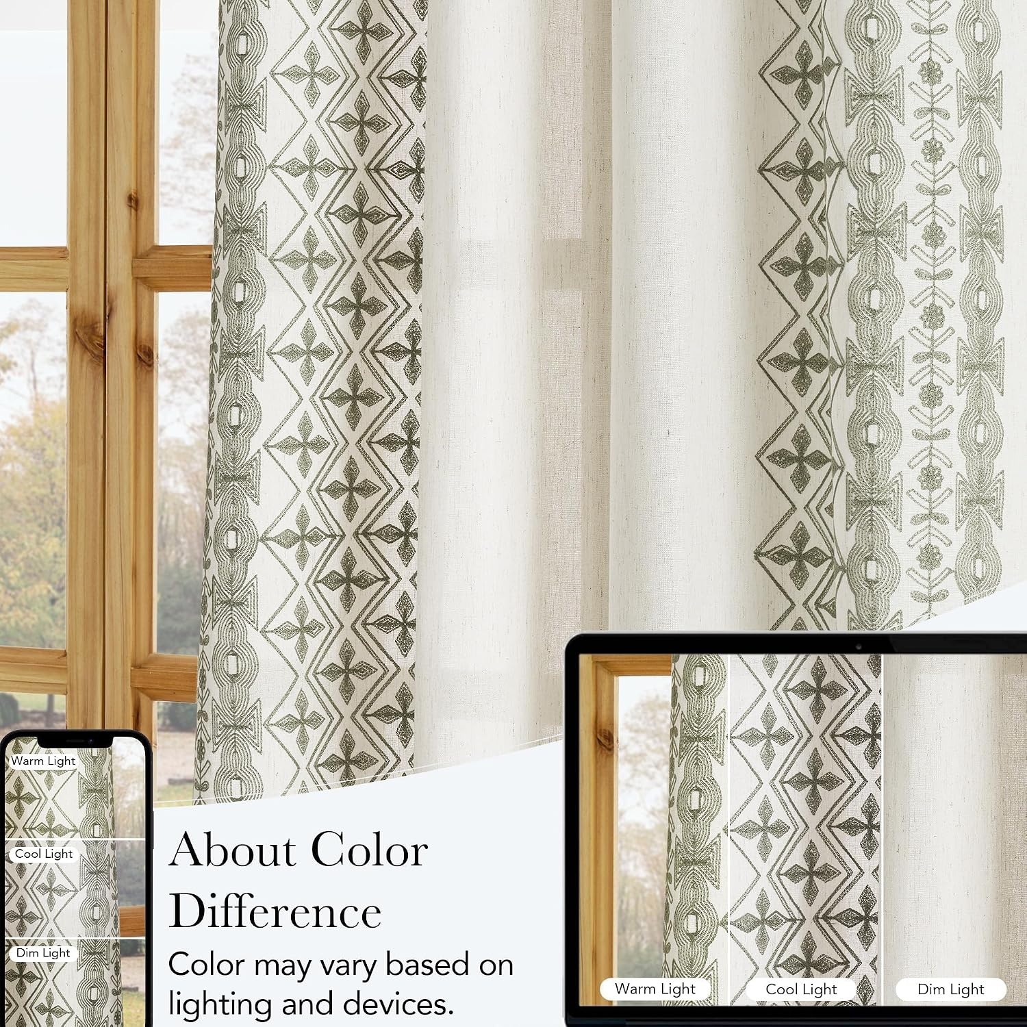 image:imageNICETOWN Embroidered Linen Curtains Ivory and White W52 x L84Nordic Geo Embroidery Sage Green