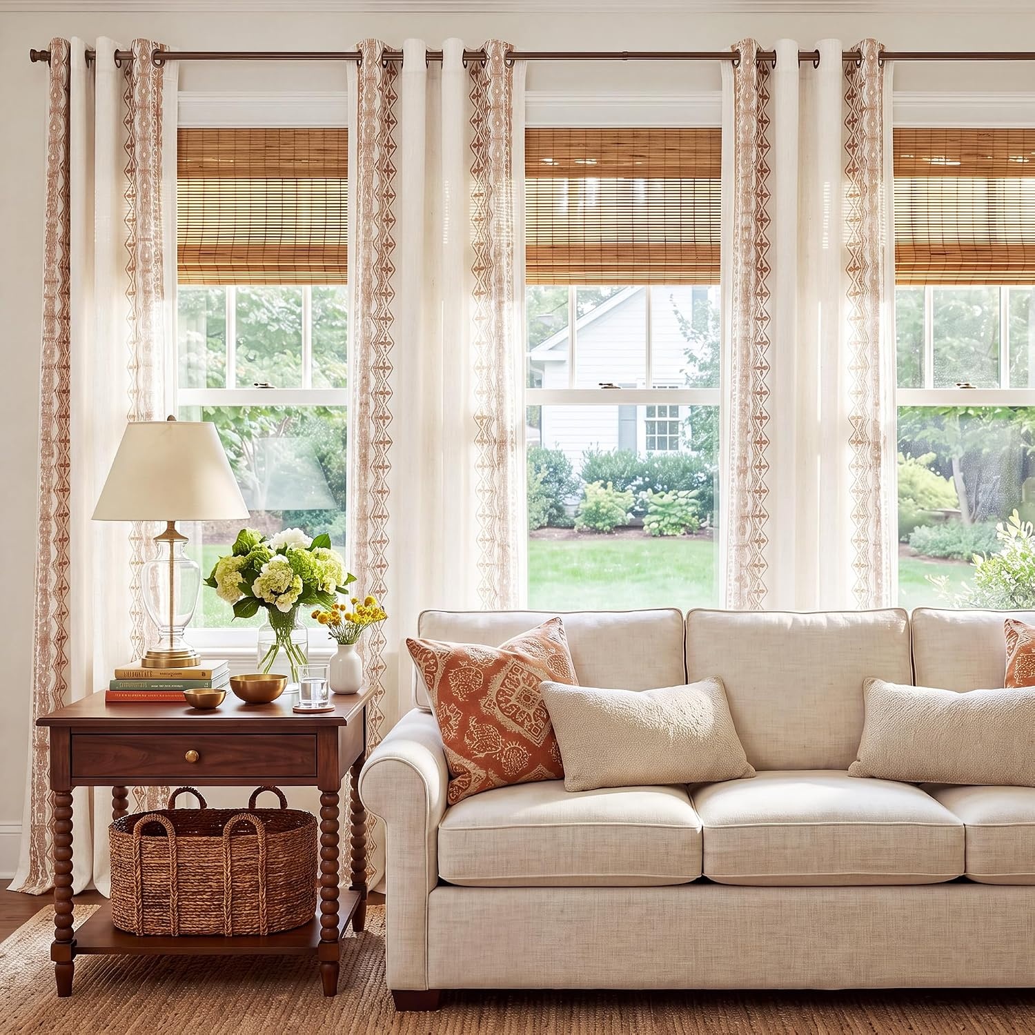 image:imageNICETOWN Embroidered Linen Curtains Ivory and White W52 x L84Nordic Geo Embroidery Taupe