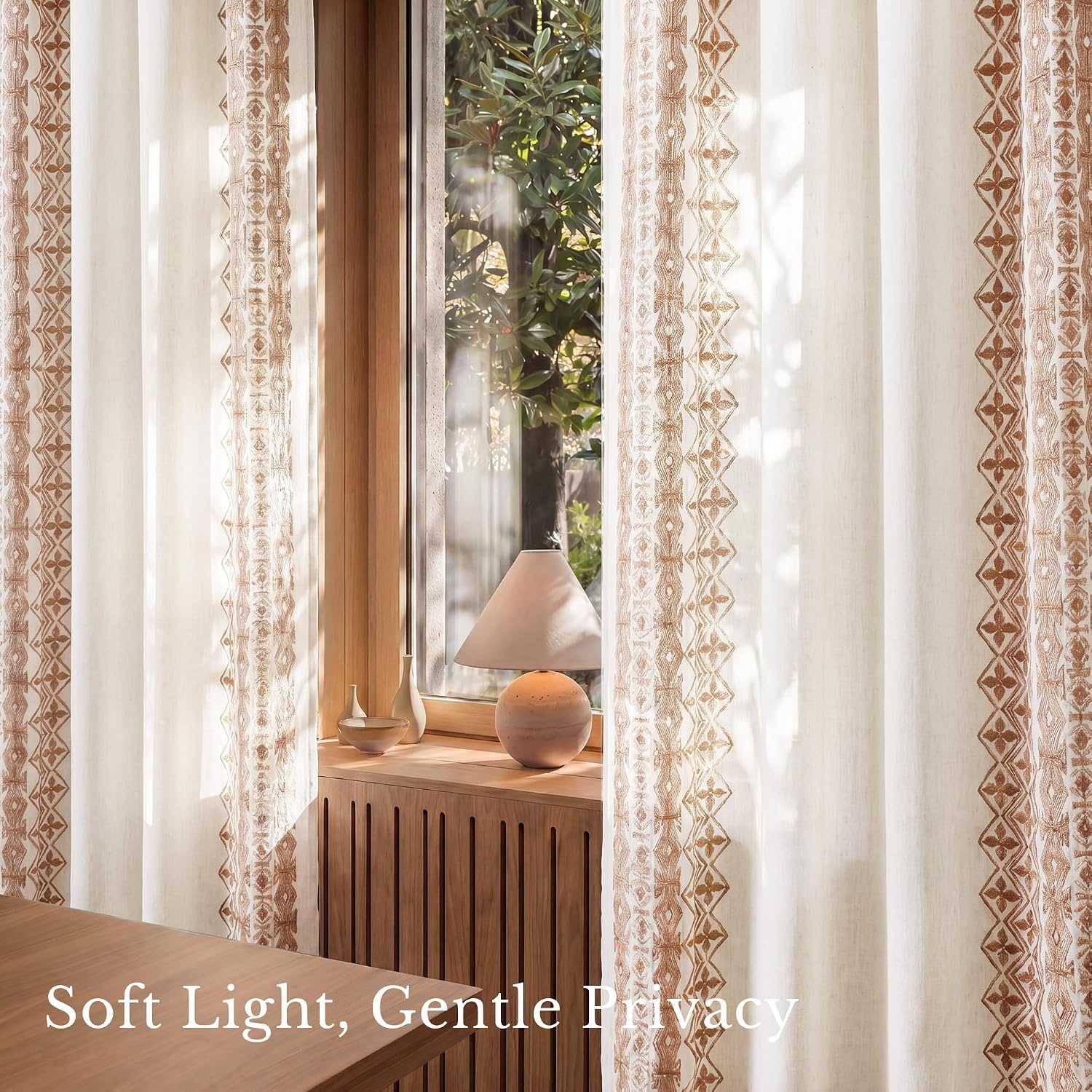 image:imageNICETOWN Embroidered Linen Curtains Ivory and White W52 x L84Nordic Geo Embroidery Taupe
