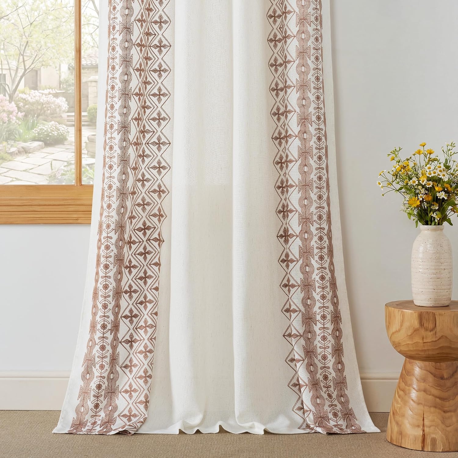 image:imageNICETOWN Embroidered Linen Curtains Ivory and White W52 x L84Nordic Geo Embroidery Taupe