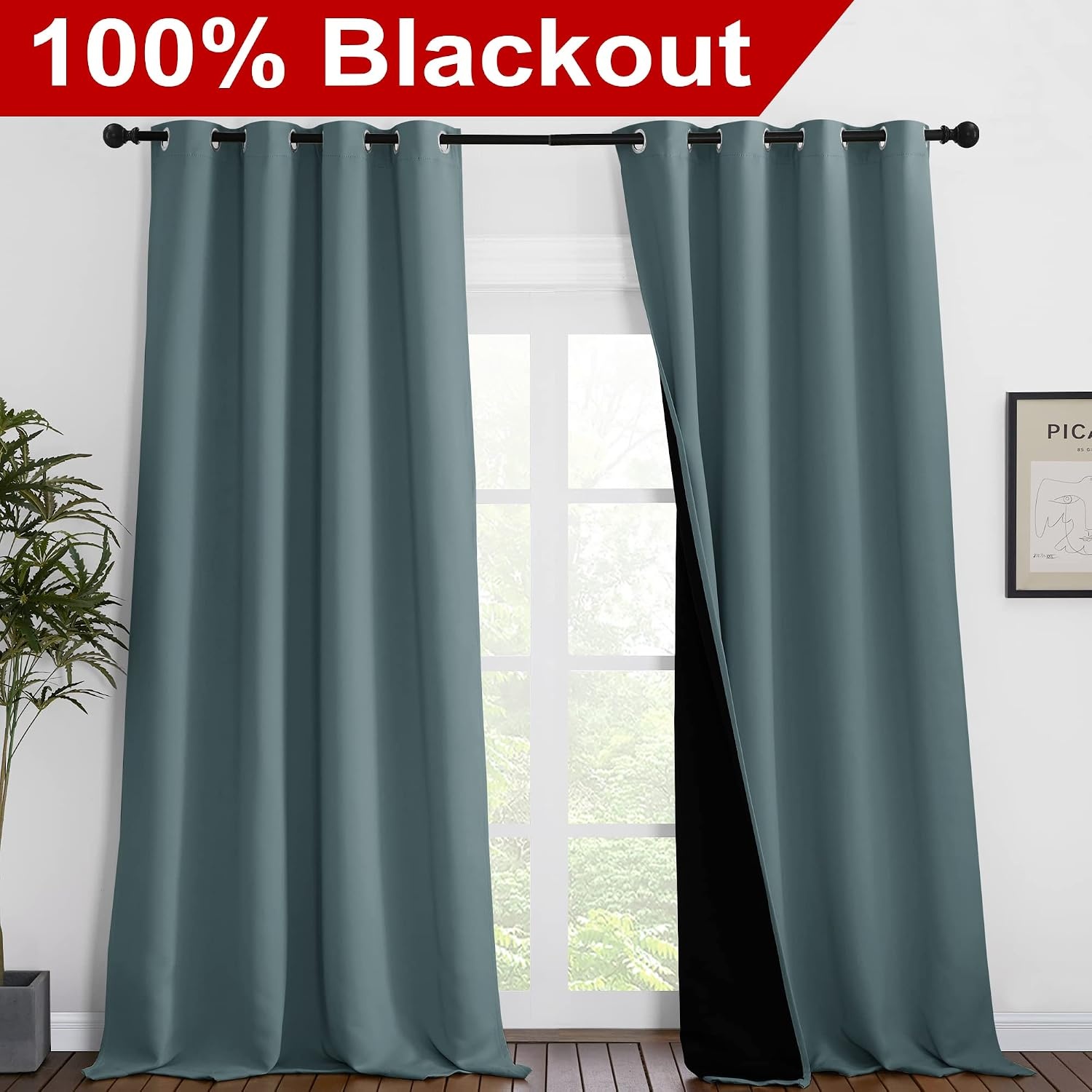 image:imageNICETOWN Full Shading Curtains for Windows Super HeavyDuty Black Lined Blackout Curtains for Bedroom Privacy Assured Window Treatment Greyish Blue Pack of 2 55 inches W x 102 inches L