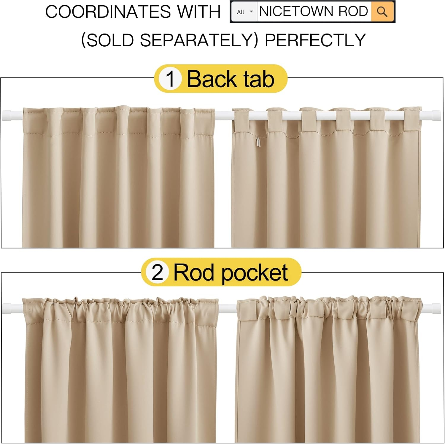 image:imageNICETOWN Window Treatment Curtains Room Darkening Drapes Biscotti Beige Color 42 Width X 63 Drop Each Panel 2 Panels Set Thermal Insulated Window Covering Curtains and Draperies for Kitchen