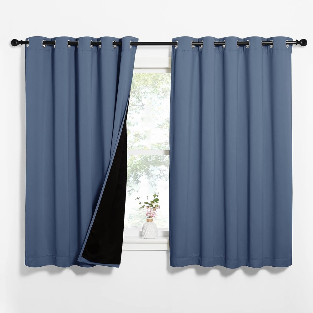 image:imageNICETOWN 100 Blackout Curtains 63 inches Long Pair of Energy Smart amp Noise Blocking Out Drapes for Baby Room Window Thermal Insulated Guest Room Lined Window Dressing Stone Blue 62 inches Wide
