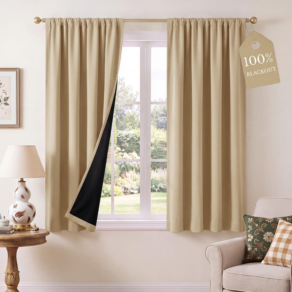 image:imageNICETOWN 100 Blackout Sage Green Curtains for Nursery Rod Pocket Thermal Drapes Room Darkening Window Treatment for Kids Room W52 x L54 2 PanelsBiscotti Beige