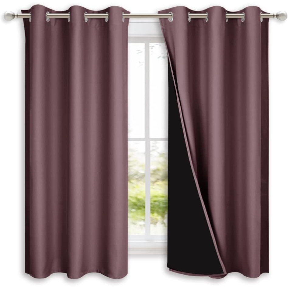 image:imageNICETOWN 100 Blackout Short Curtains with Black Liners 2 Panels 37 W by 40 L Dry Rose Solid Thermal Insulated Full Blackout 2Layer Lined Drapes Energy Efficiency Window Draperies for Bedroom
