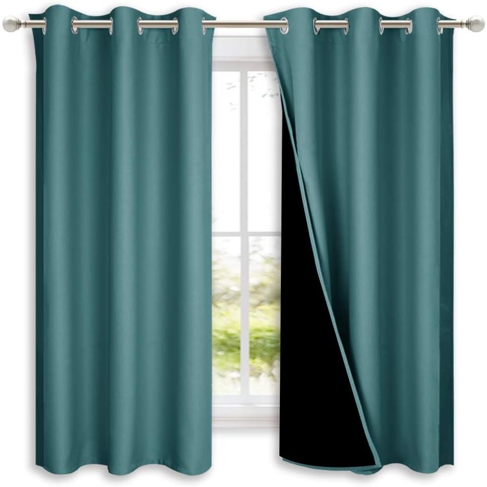 image:imageNICETOWN 100 Blackout Short Curtains with Black Liners 2 Panels 37 W by 50 L Sea Teal Solid Thermal Insulated Full Blackout 2Layer Lined Drapes Energy Efficiency Window Draperies for Bedroom
