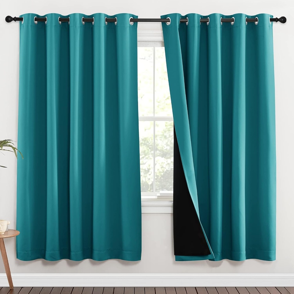 image:imageNICETOWN 100 Blackout Window Curtain Panels Full Light Blocking Drapes with Black Liner for Nursery 72inch Drop Thermal Insulated Draperies Peacock Teal 2 Pieces 70inch Wide Per Panel