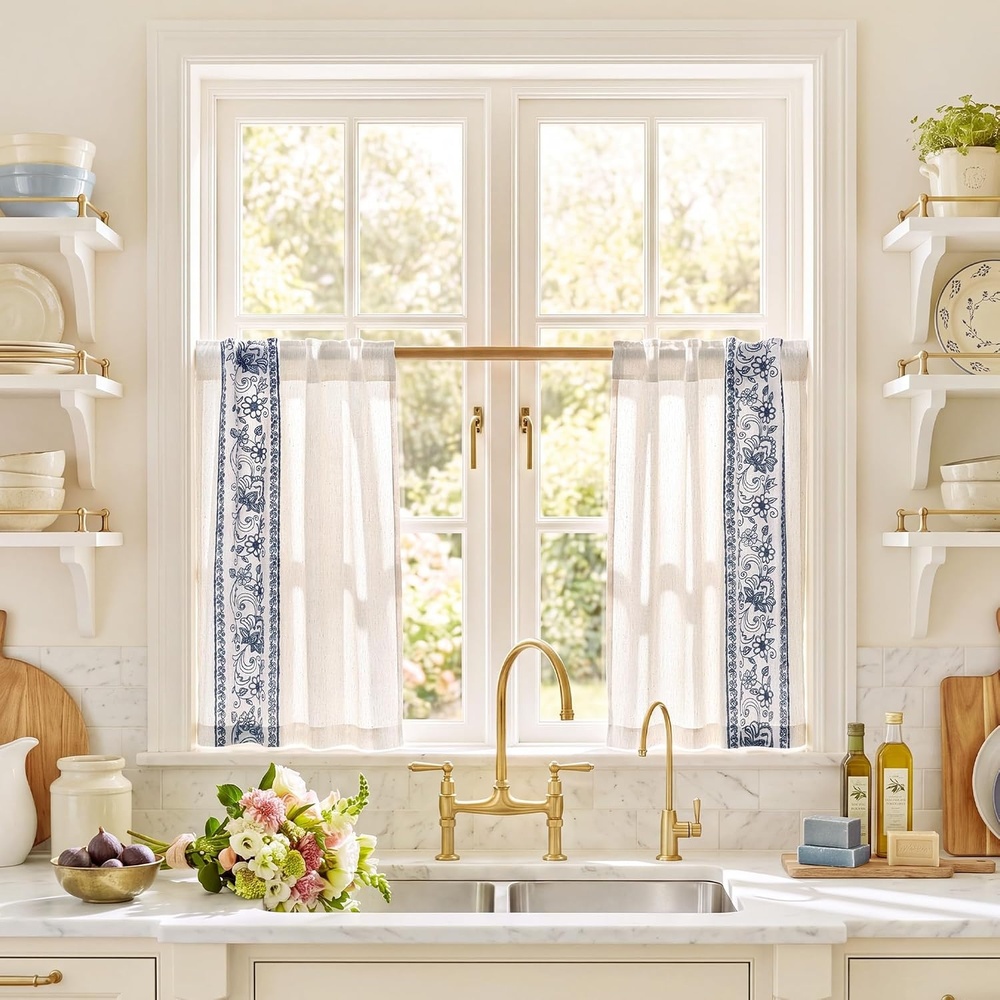 image:imageNICETOWN Embroidered Linen Curtains Ivory and White W52 x L84Garden Vine Embroidery Blue