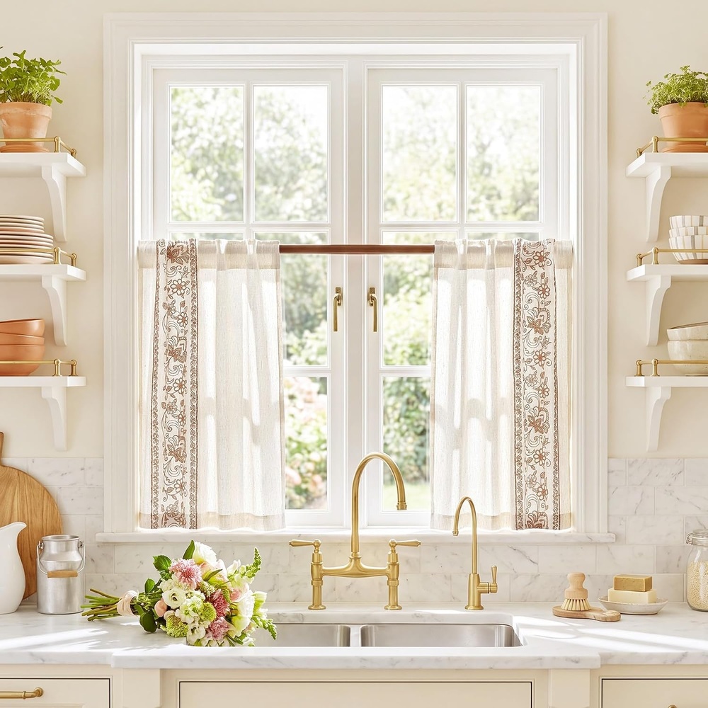 image:imageNICETOWN Embroidered Linen Curtains Ivory and White W52 x L84Garden Vine Embroidery Taupe