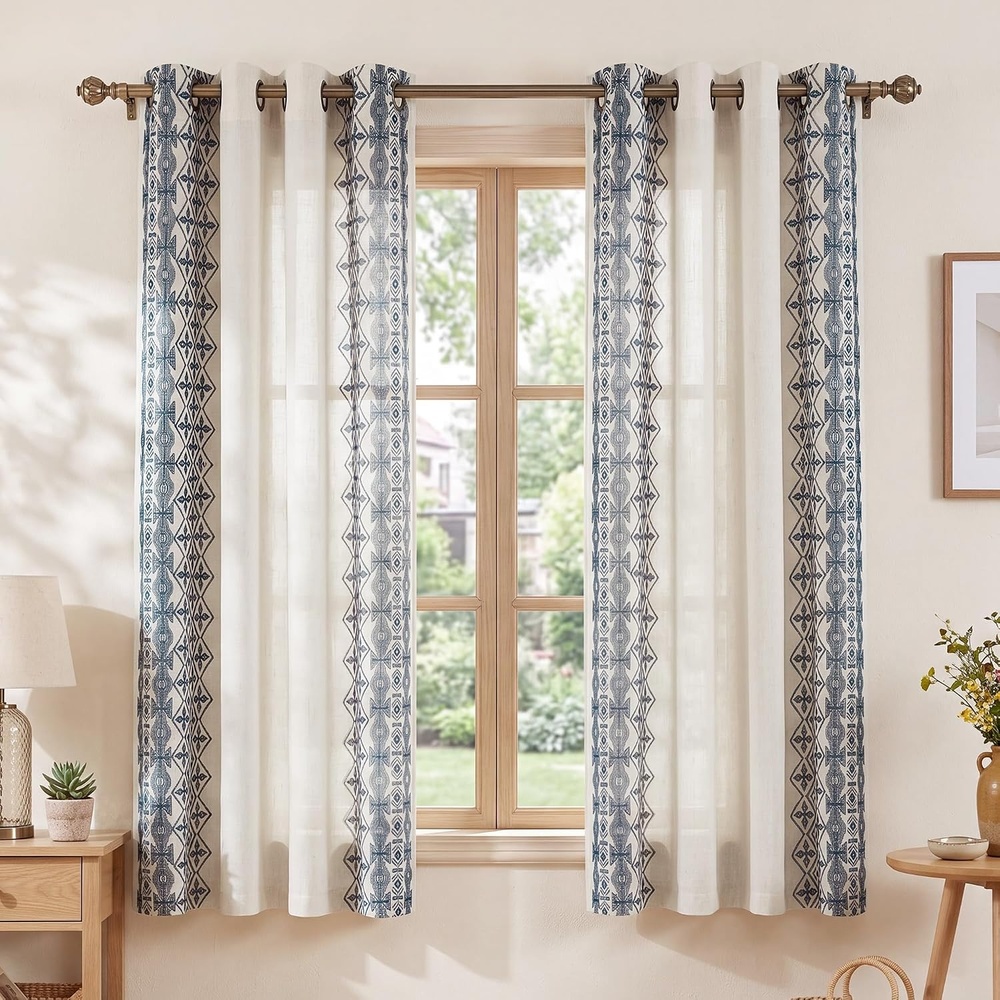 image:imageNICETOWN Embroidered Linen Curtains Ivory and White W52 x L84Nordic Geo Embroidery Navy Blue