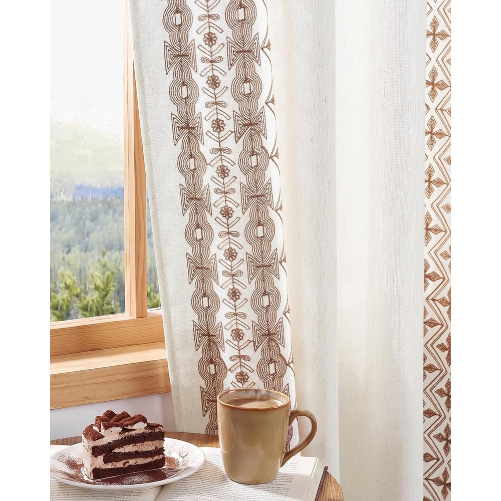 image:imageNICETOWN Embroidered Linen Curtains Ivory and White W52 x L84Nordic Geo Embroidery  Taupe