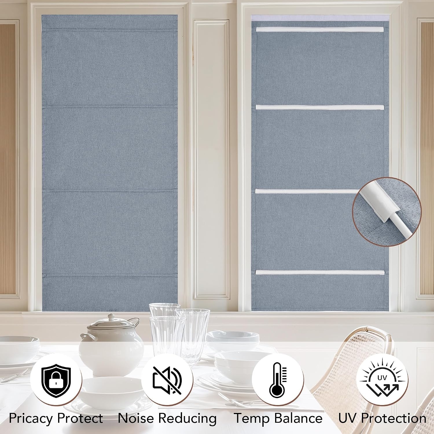 image:imageNICETOWN Natural 100 Blackout French Door Roman Shade W30 x L72 inStone Blue