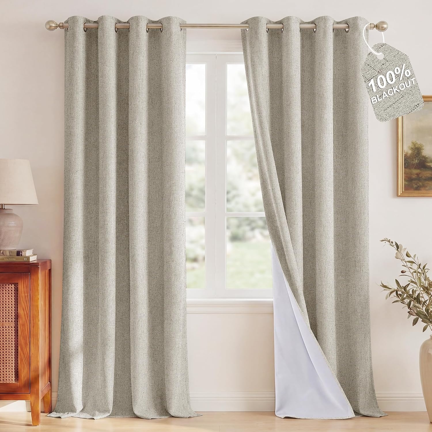 image:imageNICETOWN Grey 100 Blackout Bedroom Curtains 72 inches Long x W52Beige