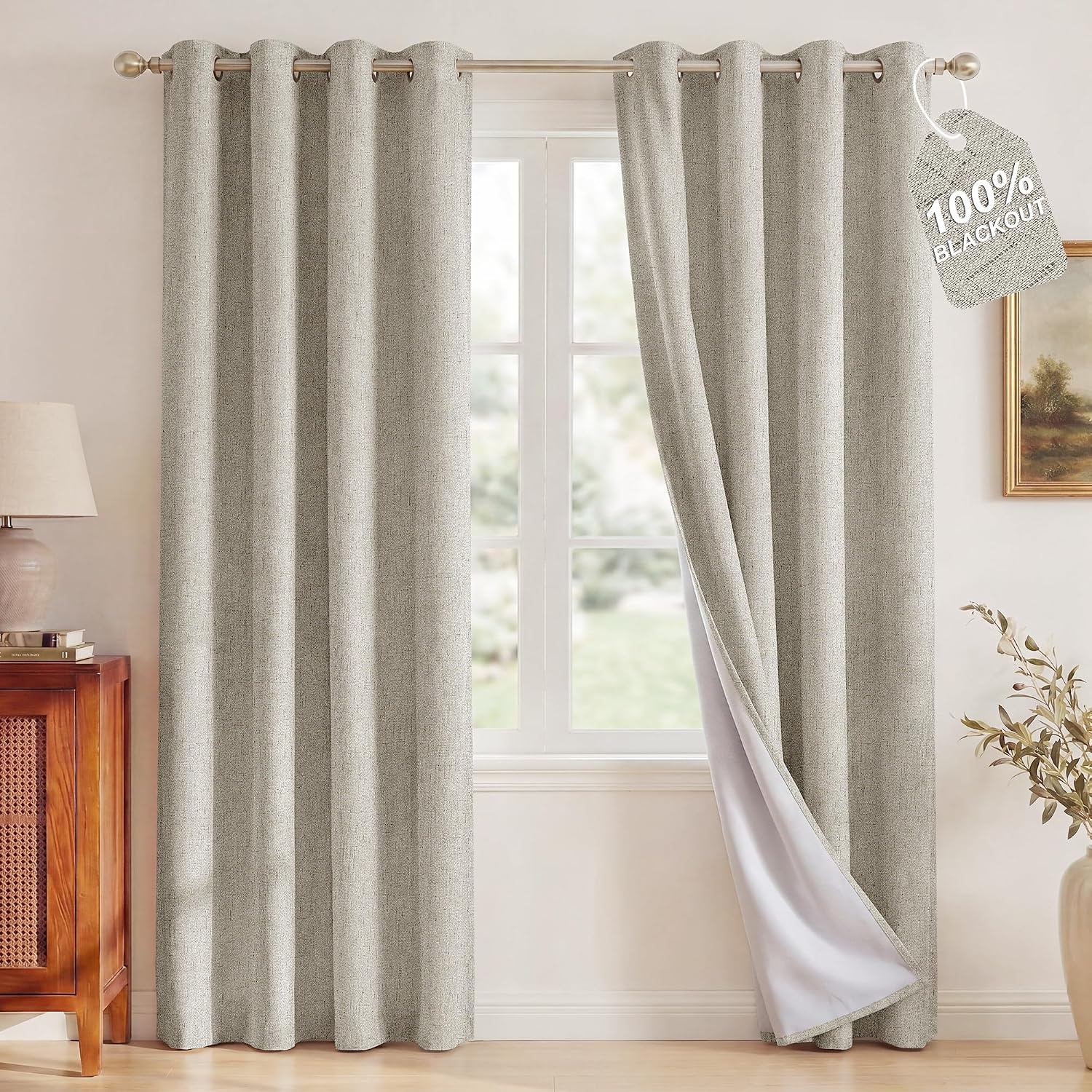 image:imageNICETOWN Grey 100 Blackout Bedroom Curtains 72 inches Long x W52Beige