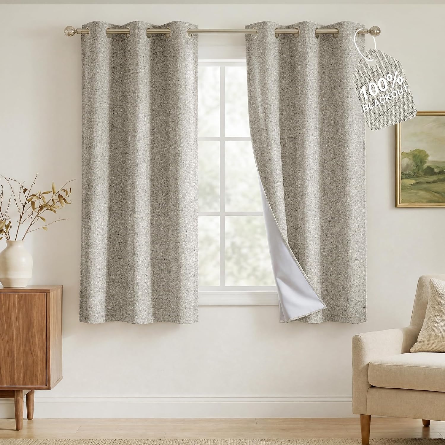 image:imageNICETOWN Grey 100 Blackout Bedroom Curtains 72 inches Long x W52Beige