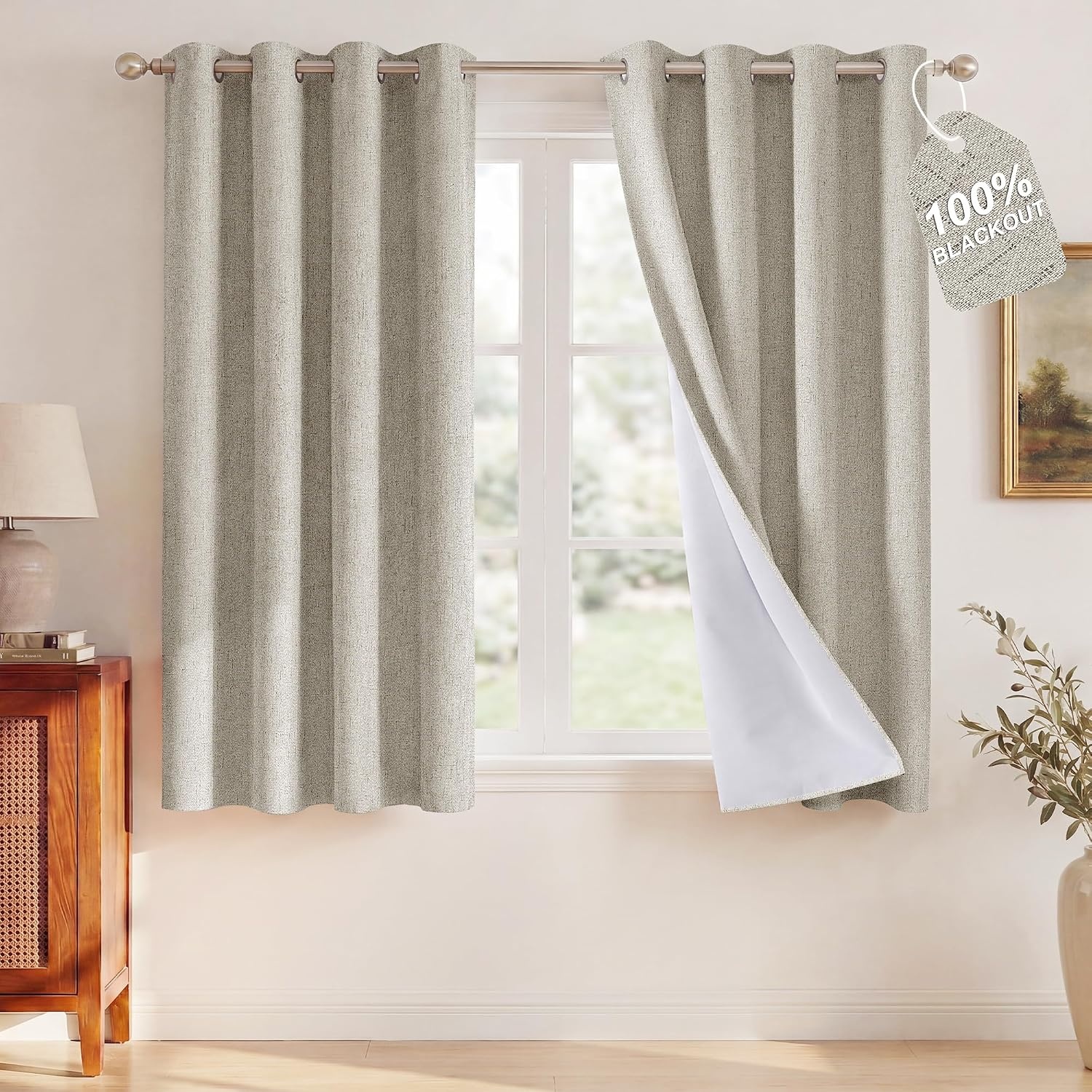 image:imageNICETOWN Grey 100 Blackout Bedroom Curtains 72 inches Long x W52Beige