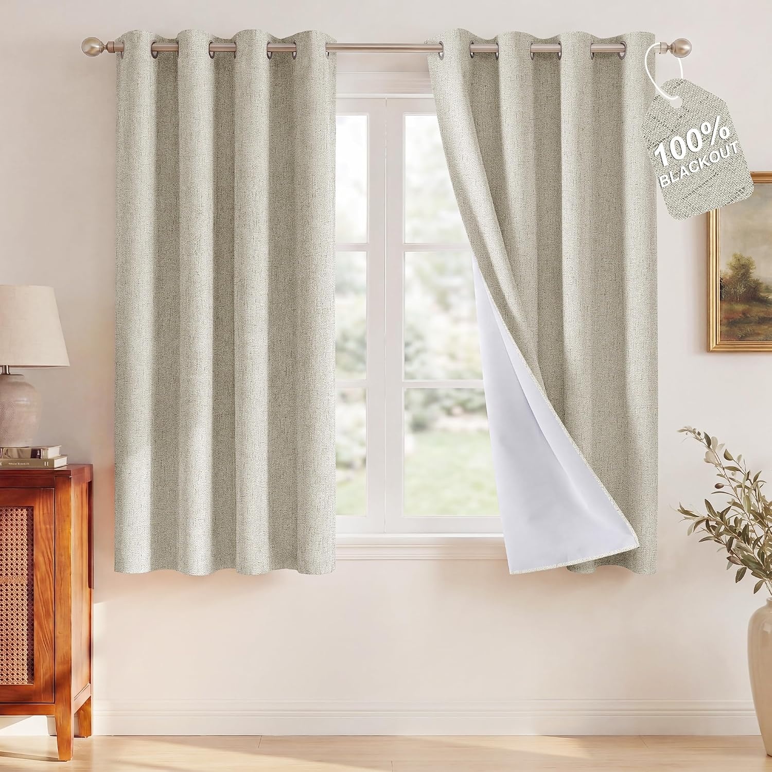 image:imageNICETOWN Grey 100 Blackout Bedroom Curtains 72 inches Long x W52Ivory
