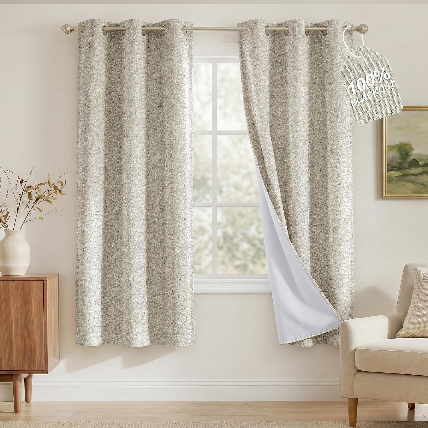 image:imageNICETOWN Grey 100 Blackout Bedroom Curtains 72 inches Long x W52Ivory
