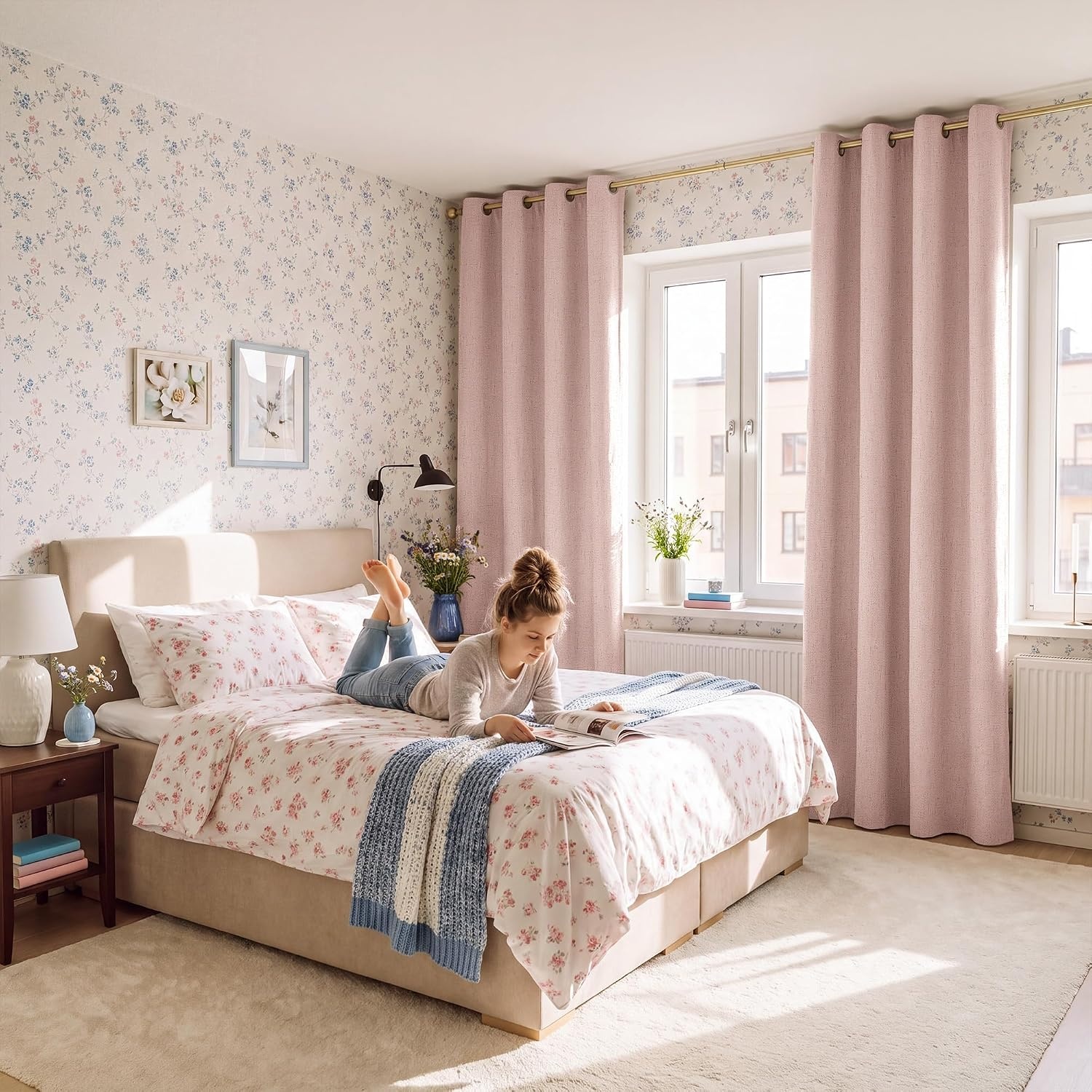 image:imageNICETOWN Grey 100 Blackout Bedroom Curtains 72 inches Long x W52Pink
