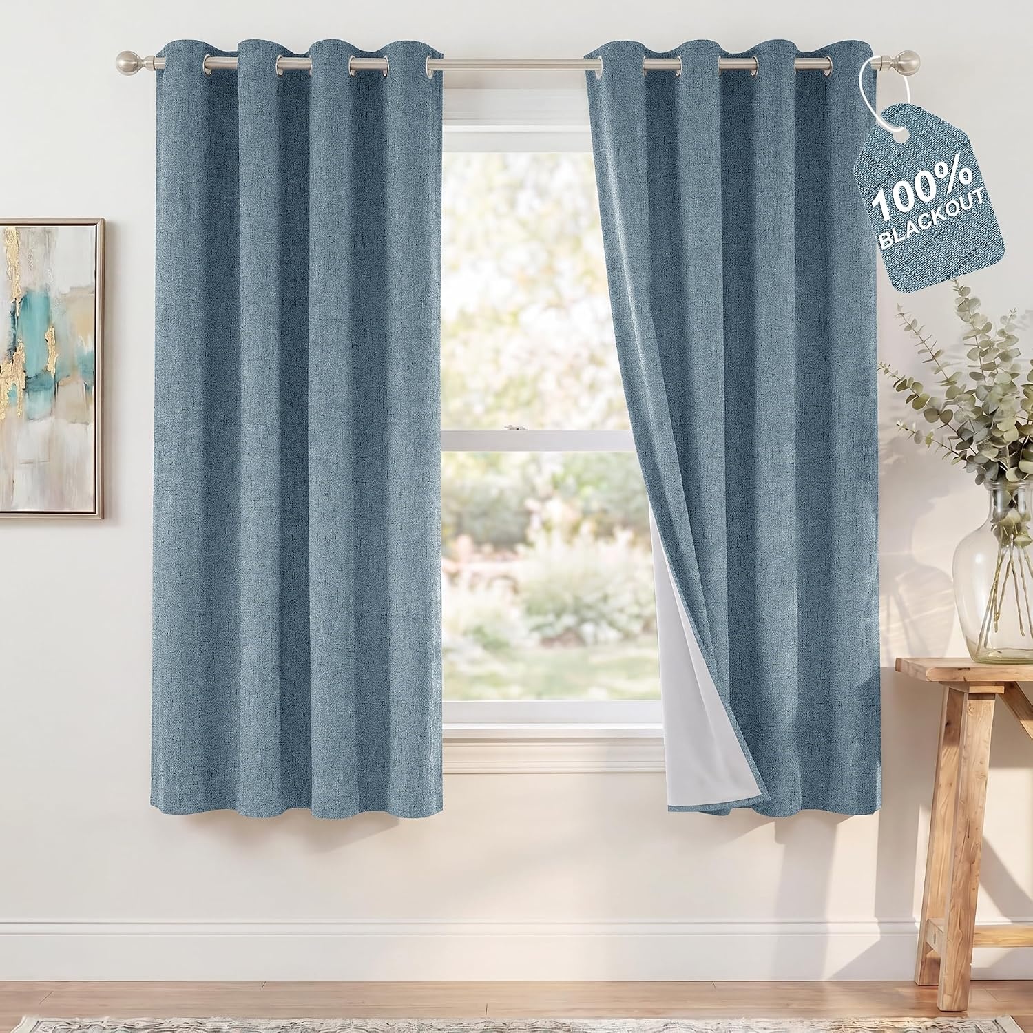 image:imageNICETOWN Grey 100 Blackout Bedroom Curtains 72 inches Long x W52Stone Blue
