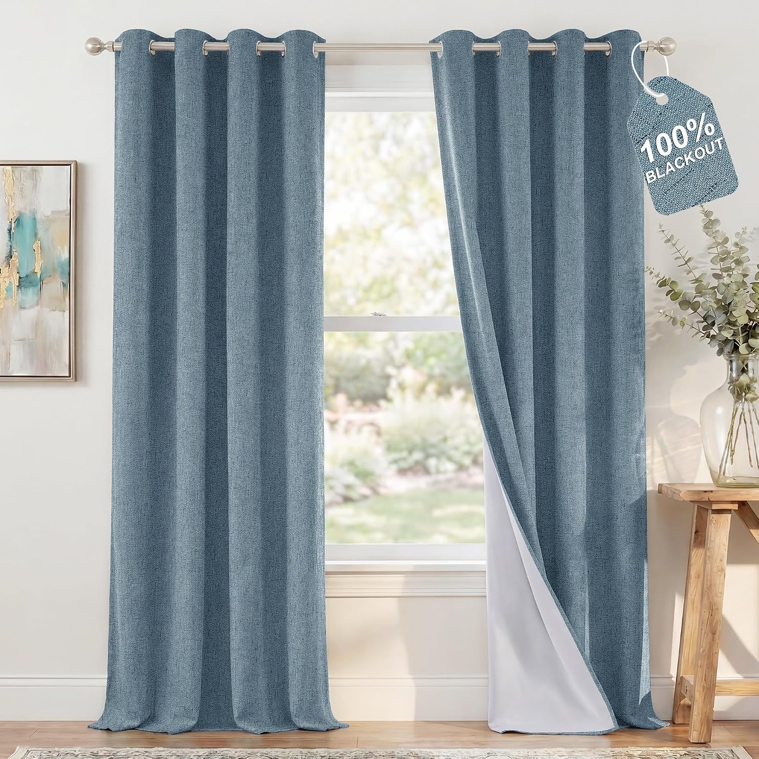 image:imageNICETOWN Grey 100 Blackout Bedroom Curtains 72 inches Long x W52Stone Blue