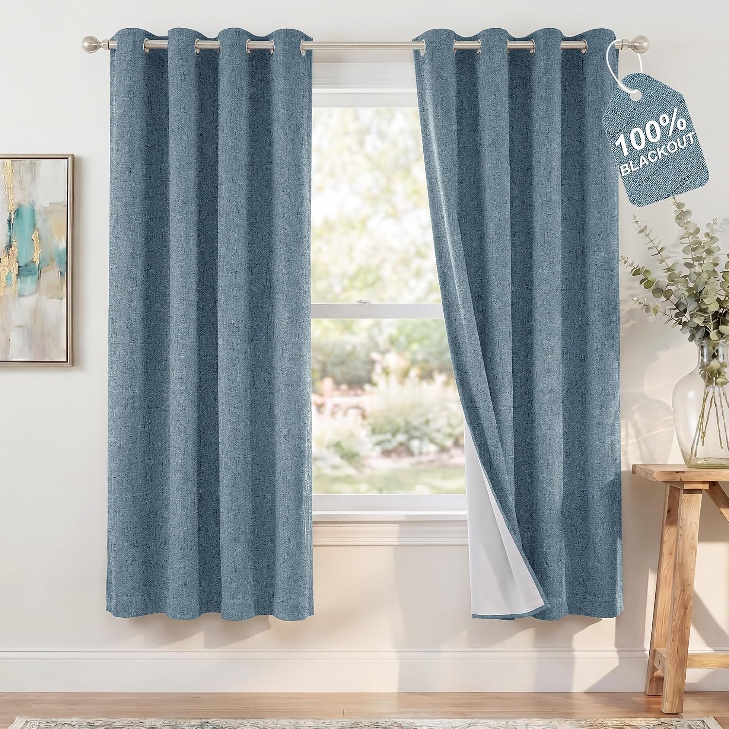 image:imageNICETOWN Grey 100 Blackout Bedroom Curtains 72 inches Long x W52Stone Blue