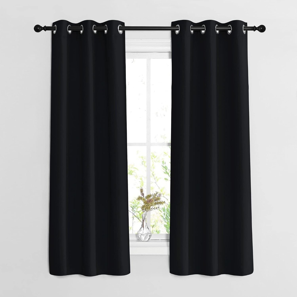 image:imageNICETOWN Black Curtains for Boys Room Blackout Thermal Insulated Window Treatment Solid Grommet Room Darkening for BedroomNight Shift Set of 2 W37 x L63